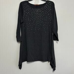 Belldini Gray Embellished Tunic Top Rhinestone Sharkbite Hem 3/4 Sleeve